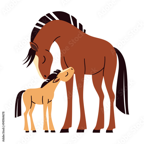 Flat vector illustration. Cute horse with foal, white background. Motherly love . Vector illustration