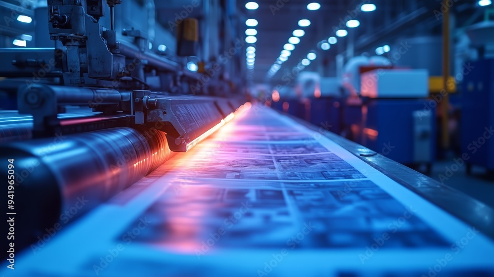 A detailed view of newspapers being printed on a conveyor belt inside a printing press, highlighting the industrial process and machinery involved in mass media production. A detailed view of newspapers being printed on a conveyor belt inside a printing press, highlighting the industrial process and machinery involved in mass media production.