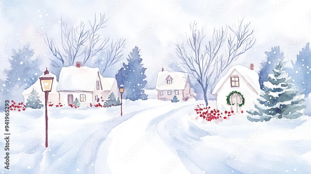 Fototapeta premium Charming winter scene with quaint houses, snow-covered landscape, and a peaceful street filled with holiday spirit, watercolor style