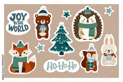Merry Christmas and Happy New Year! Christmas sticker set. Vector, cute illustrations of forest animals: fox, bear, hedgehog, squirrel and bunny with gifts box. Perfect for the shirt, greeting card.