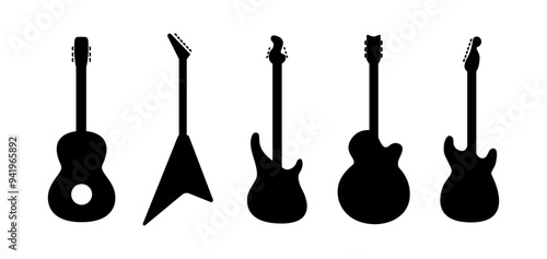 Set of electric guitar silhouette on white background
