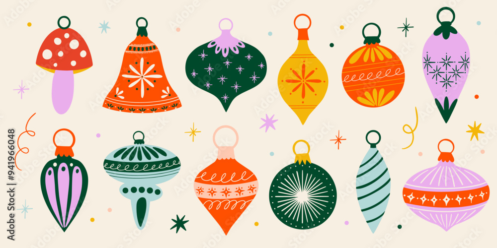 Collection of beautiful ornament winter holiday decorations for Christmas tree vector cartoon flat illustration, retro Xmas baubles stickers set, hanging toys design elements