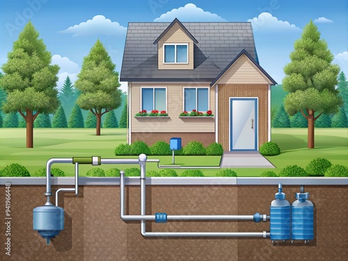 Illustrated diagram of a residential septic system showcasing key components, including tank, drainfield, pipes, and wastewater flow, ideal for educational or informational purposes. photo