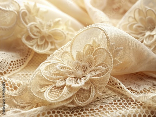 Intricate, delicate lace patterns unfold on a soft, creamy background, showcasing complex textures and subtle sheen, evoking vintage elegance and whimsical romance.