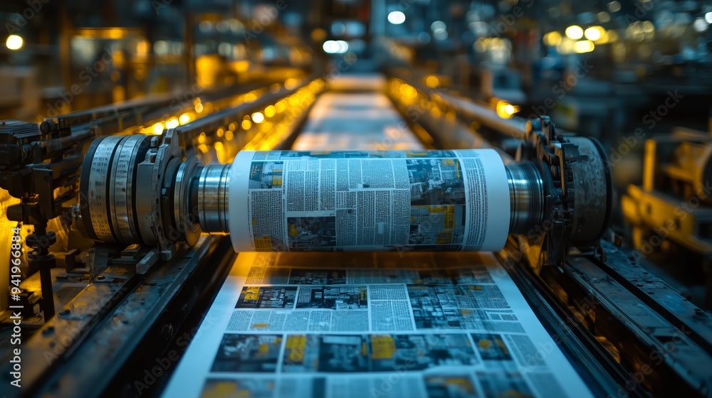 A newspaper being printed on a modern industrial printing press. The image captures the dynamic process with vibrant colors and clear text as the newspaper rolls through the machinery. A newspaper being printed on a modern industrial printing press. The image captures the dynamic process with vibrant colors and clear text as the newspaper rolls through the machinery.