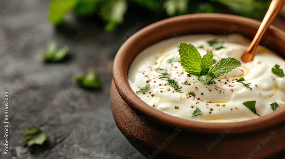 A clay bowl filled with garnished yogurt sits on a dark, textured wooden table. The garnish includes fresh mint and herbs, making it a visually appealing and appetizing dish. A clay bowl filled with garnished yogurt sits on a dark, textured wooden table. The garnish includes fresh mint and herbs, making it a visually appealing and appetizing dish.