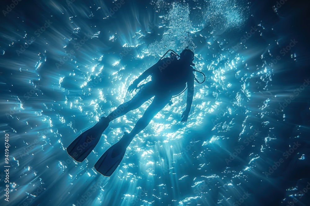 Naklejka premium A diver, silhouetted against a bright, blue underwater light, ascends towards the surface
