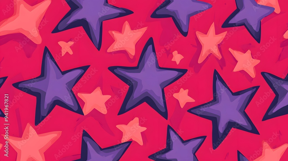Obraz premium Purple Stars on Red Background, Abstract Image, Texture, Pattern, Wallpaper, Cover and Screen of Smartphone, Cell Phone, Computer, Laptop, 9:16 and 16:9 Format