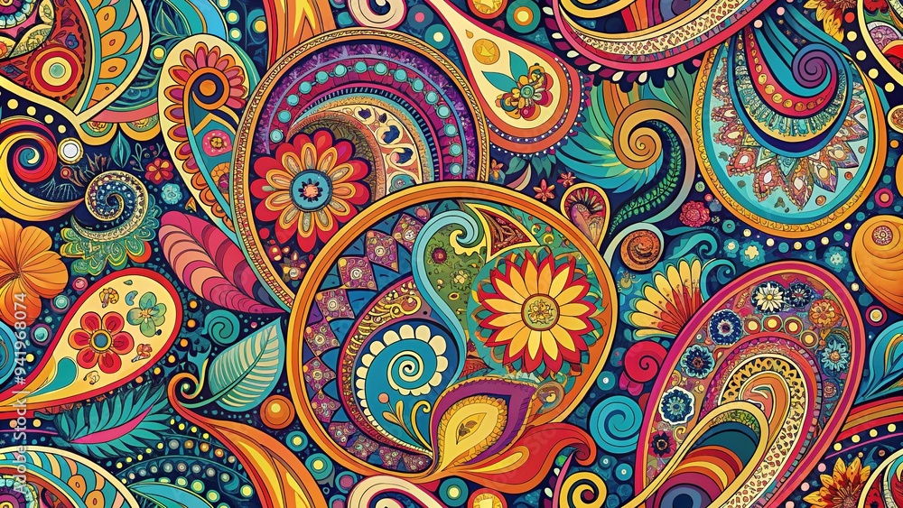 Intricate, swirling paisley patterns in vibrant colors and abstract shapes fill the frame, creating a mesmerizing, ornate, and stylized graphic design element for various projects. Intricate, swirling paisley patterns in vibrant colors and abstract shapes fill the frame, creating a mesmerizing, ornate, and stylized graphic design element for various projects.
