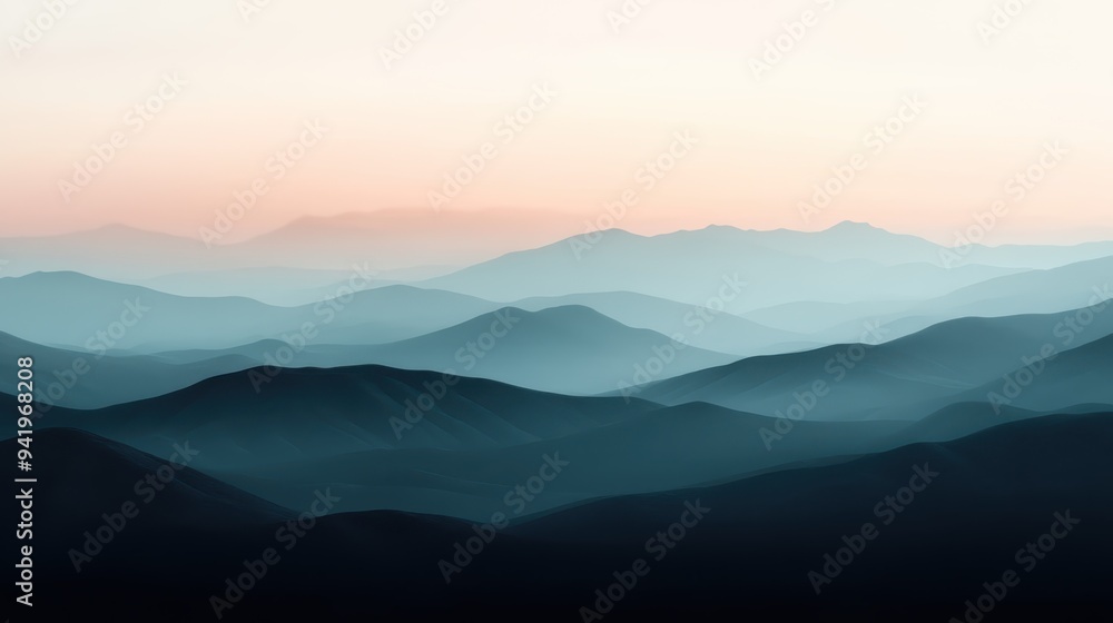 A harmonious display of mountain ranges layered in mist, bathed in soft pastel hues and gentle morning light, creating a peaceful and tranquil scene of natural beauty. A harmonious display of mountain ranges layered in mist, bathed in soft pastel hues and gentle morning light, creating a peaceful and tranquil scene of natural beauty.