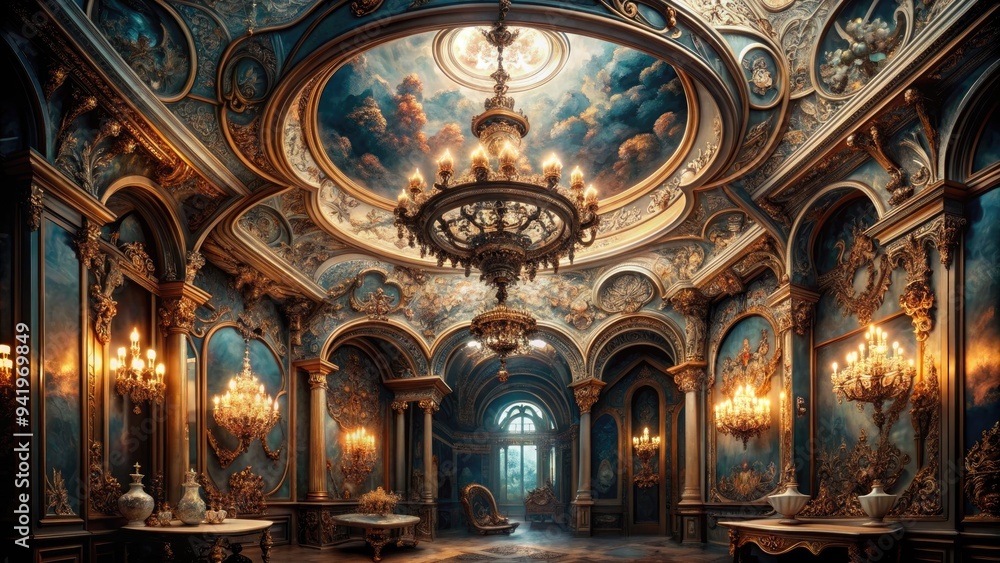 Fototapeta premium Urbane Intrigue: Opulent, sophisticated, enigmatic atmosphere with muted colors, swirling patterns, and intricate detailing.