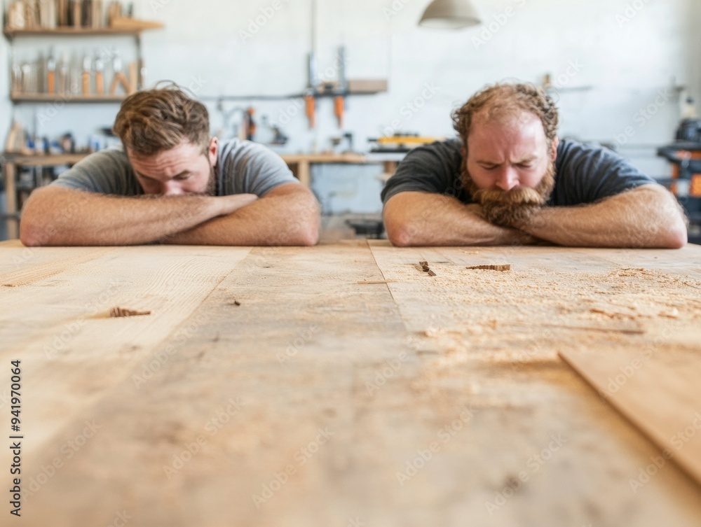 Two Young White Men Reflecting and Working in Woodshop Amid Financial Crisis, Feeling Concentration and Relaxation in the Morning Two Young White Men Reflecting and Working in Woodshop Amid Financial Crisis, Feeling Concentration and Relaxation in the Morning