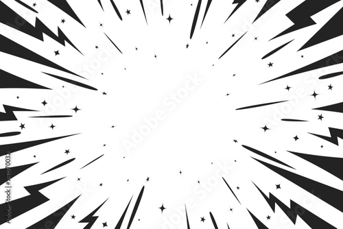 Black comic style lightning explosion background. Radial speed lines backdrop