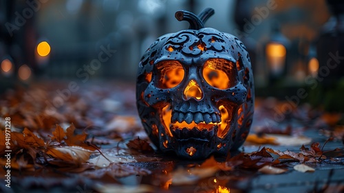 A realistic photo of a Skull Lantern glowing eerily on a dark porch surrounded by autumn leaves  photo