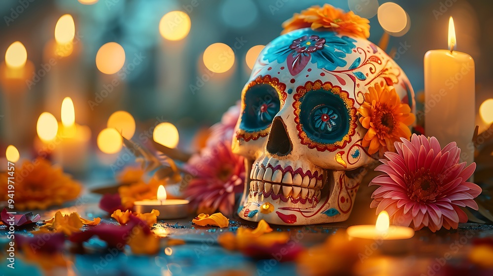 A realistic close-up of a Day of the Dead Skull with vibrant face paint and candles A realistic close-up of a Day of the Dead Skull with vibrant face paint and candles