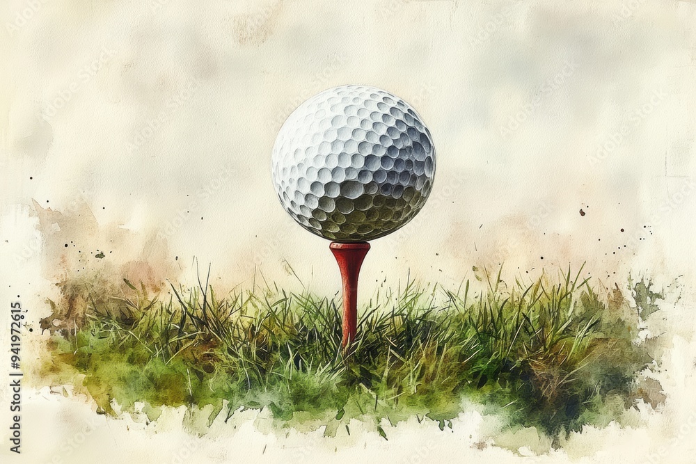 Watercolor Golf Ball on Tee with Elegant Brushstrokes Watercolor Golf Ball on Tee with Elegant Brushstrokes