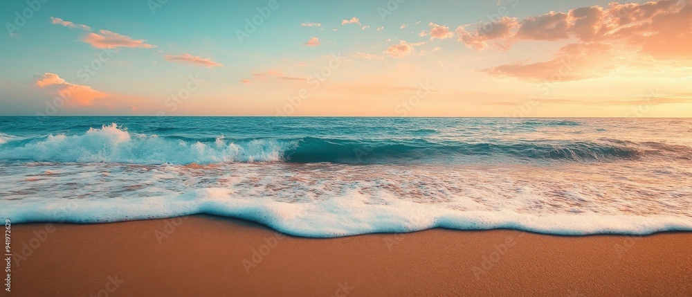 Breathtaking sunset over a tranquil ocean, with gentle waves lapping at the sandy shore, creating a serene and peaceful atmosphere. Breathtaking sunset over a tranquil ocean, with gentle waves lapping at the sandy shore, creating a serene and peaceful atmosphere.