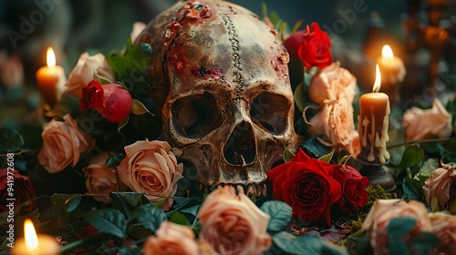 A haunting image of a Skull Wreath adorned with dark roses and lit by candlelight 