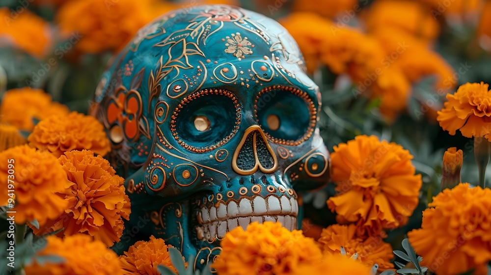 A festive and colorful Day of the Dead Skull surrounded by marigold flowers A festive and colorful Day of the Dead Skull surrounded by marigold flowers