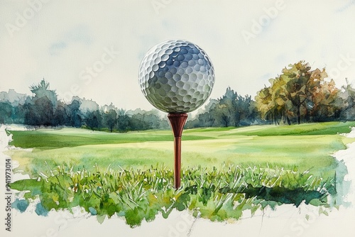 Watercolor Golf Ball on Tee with Elegant Brushstrokes