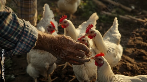 The hand feeding chickens