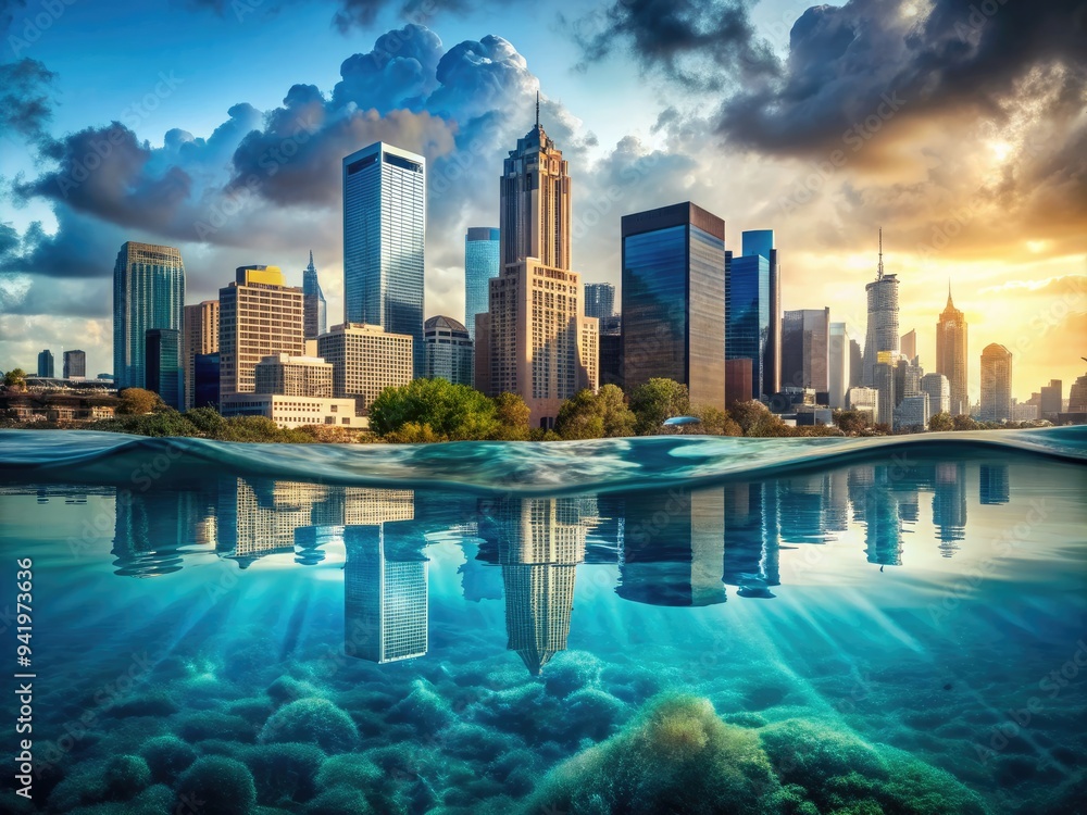 Obraz premium Urban Submersion: Cityscapes submerged in water, blurring the lines between reality and dreams.