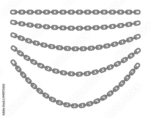 iron chain set from straight to curved. vector illustration isolated on white background.