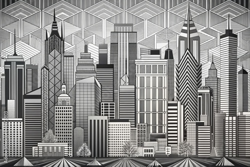 Urban Tapestry: Twin cities skyline with intricate vector lines, modern, geometric, grayscale #941973803