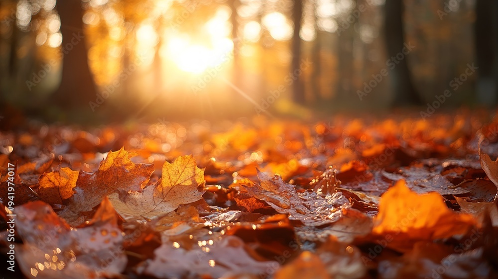 Closeup of Autumn leaves with drops of water on the forest ground, with the setting sun in the background Closeup of Autumn leaves with drops of water on the forest ground, with the setting sun in the background