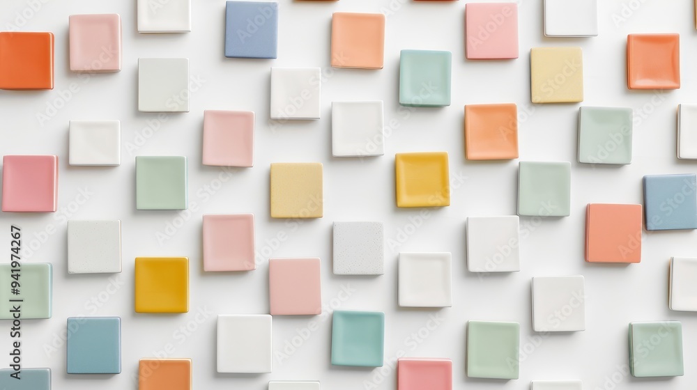 A colorful tiled wall with a yellow and white tile in the middle A colorful tiled wall with a yellow and white tile in the middle
