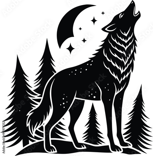 Howling wolf art illustration captures the wild beauty of nature in a stunning graphic design featuring a lone wolf howling at the moon

