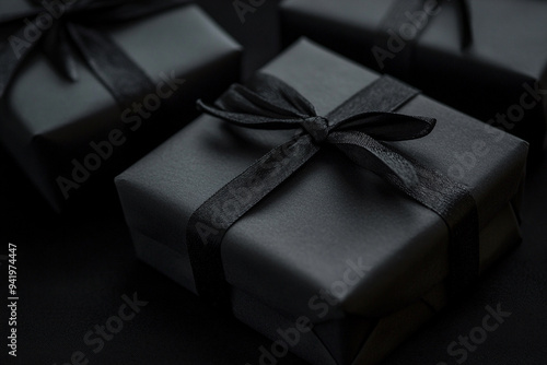 black gift boxes on black beackground  photo