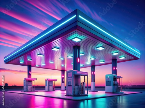 Vaporwave Gas Odyssey: Neon-tinged gas station with a dreamy, retro-futuristic aesthetic. photo