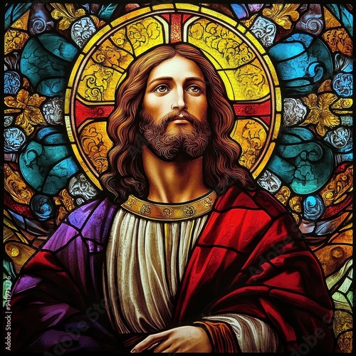 Stained Glass Art of Jesus Christ with Halo in Vibrant Colors and Detailed Religious Iconography
