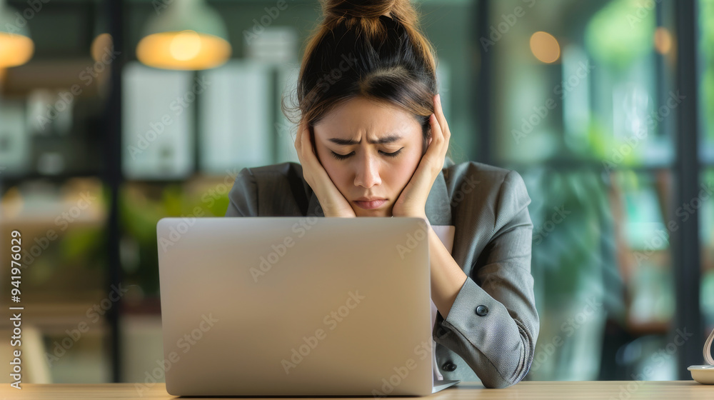 Stressed Businesswoman. Young businesswoman sits at her office desk, looking stressed and frustrated as she holds her head in her hands. laptop is open in front of her, reflecting workplace challenges Stressed Businesswoman. Young businesswoman sits at her office desk, looking stressed and frustrated as she holds her head in her hands. laptop is open in front of her, reflecting workplace challenges