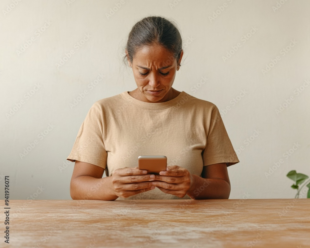 Distressed Hispanic Woman in Brightly Lit Kitchen Checking Phone for Market Updates Distressed Hispanic Woman in Brightly Lit Kitchen Checking Phone for Market Updates
