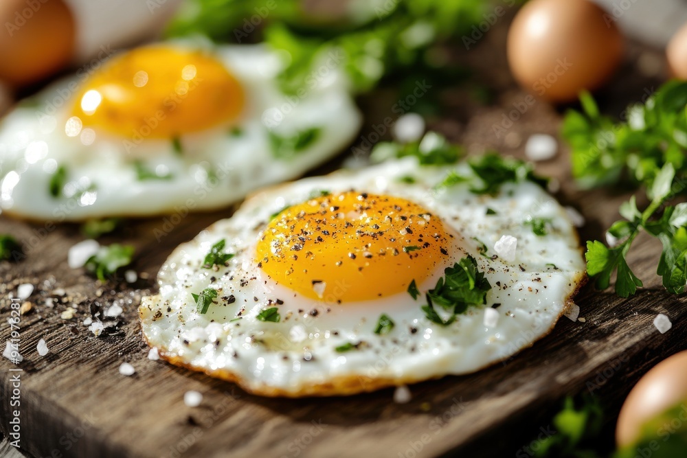 Perfectly Cooked Boiled Eggs with Fresh Herbs and Seasoning on Wooden Cutting Board
Perfectly Cooked Boiled Eggs with Fresh Herbs and Seasoning on Wooden Cutting Board