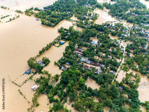 Aerial view of flood affected villages in Eastern Bangladesh. Flood in Eastern Bangladesh. waterlogging in Bangladesh.  photo