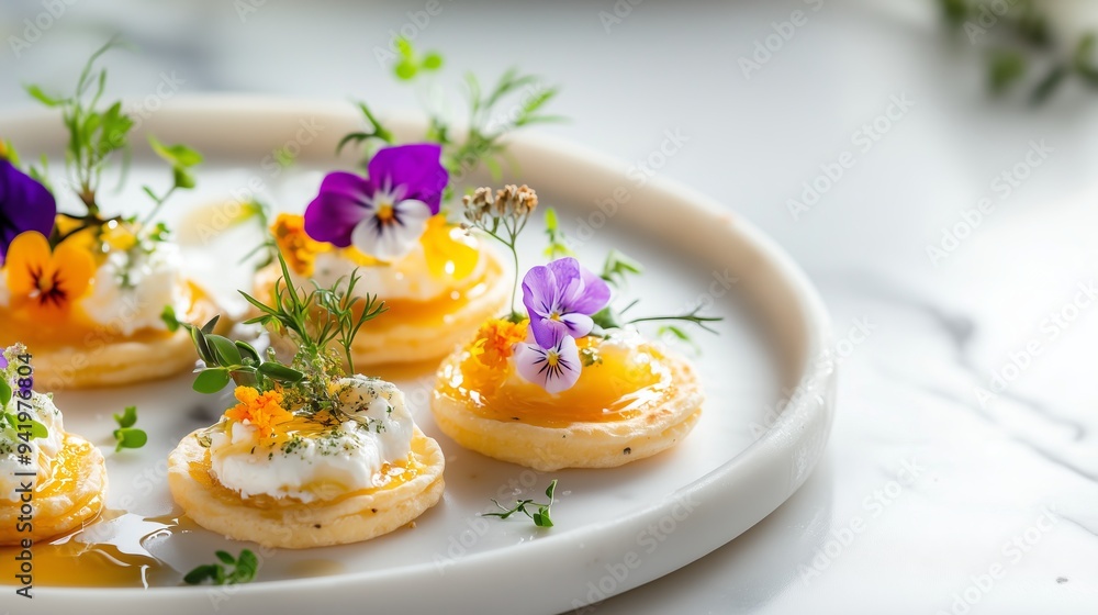 Goat cheese tostadas with honey, herbs, and edible flowers on marble. A colorful, elegant appetizer.