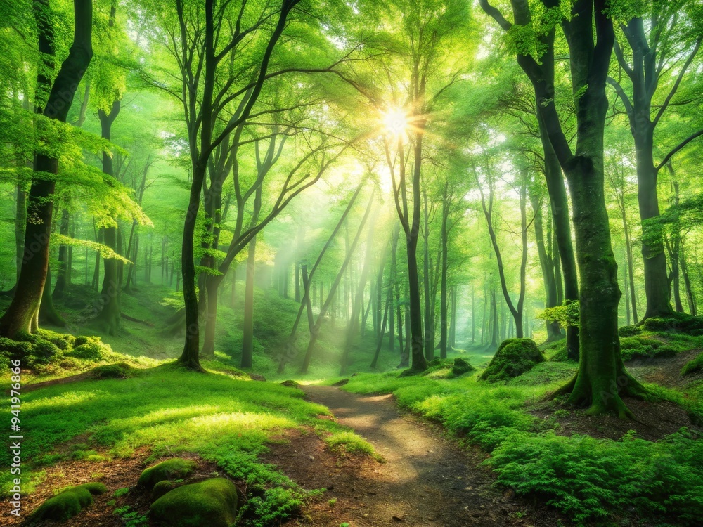 Fototapeta premium Verdant Pause: Tranquil, natural, emerald leaves, forest clearing, meditative