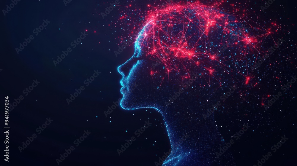 Abstract representation of a woman's profile with cosmic elements, symbolizing creativity, imagination, and digital evolution Abstract representation of a woman's profile with cosmic elements, symbolizing creativity, imagination, and digital evolution