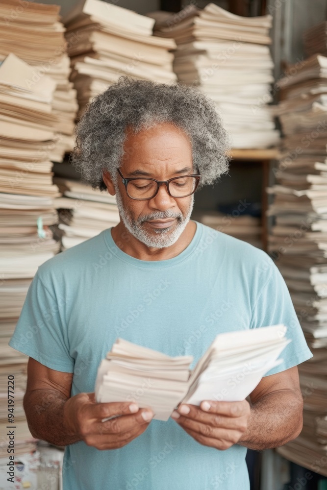 Middle-Aged Black Antique Shop Owner Reviewing Finances in Cluttered Shop During Daytime, Expressing Stress and Concern