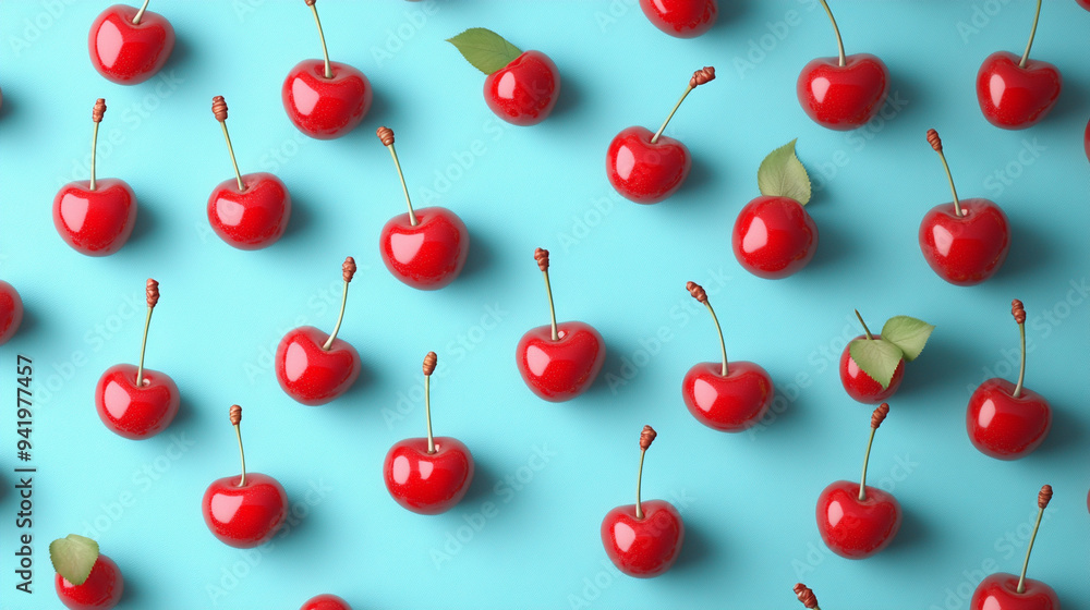 red cherries on a blue background red cherries on a blue background