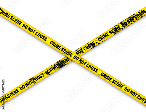 Old grunge barricade construction tape. Yellow police warning line, brightly colored danger or hazard stripe, ribbon. Restricted area, zone. Attention symbol. Vector illustration