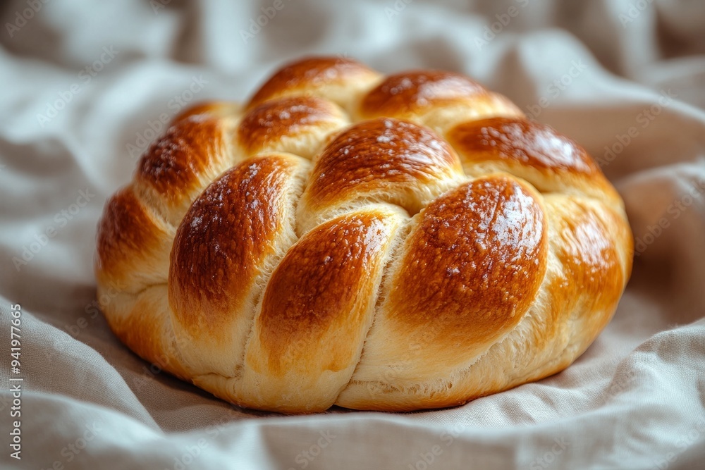 A large round woven fresh challah on white linen fabric. Concept Rosh Hashanah, religion, festive dinner, Jewish New Year A large round woven fresh challah on white linen fabric. Concept Rosh Hashanah, religion, festive dinner, Jewish New Year
