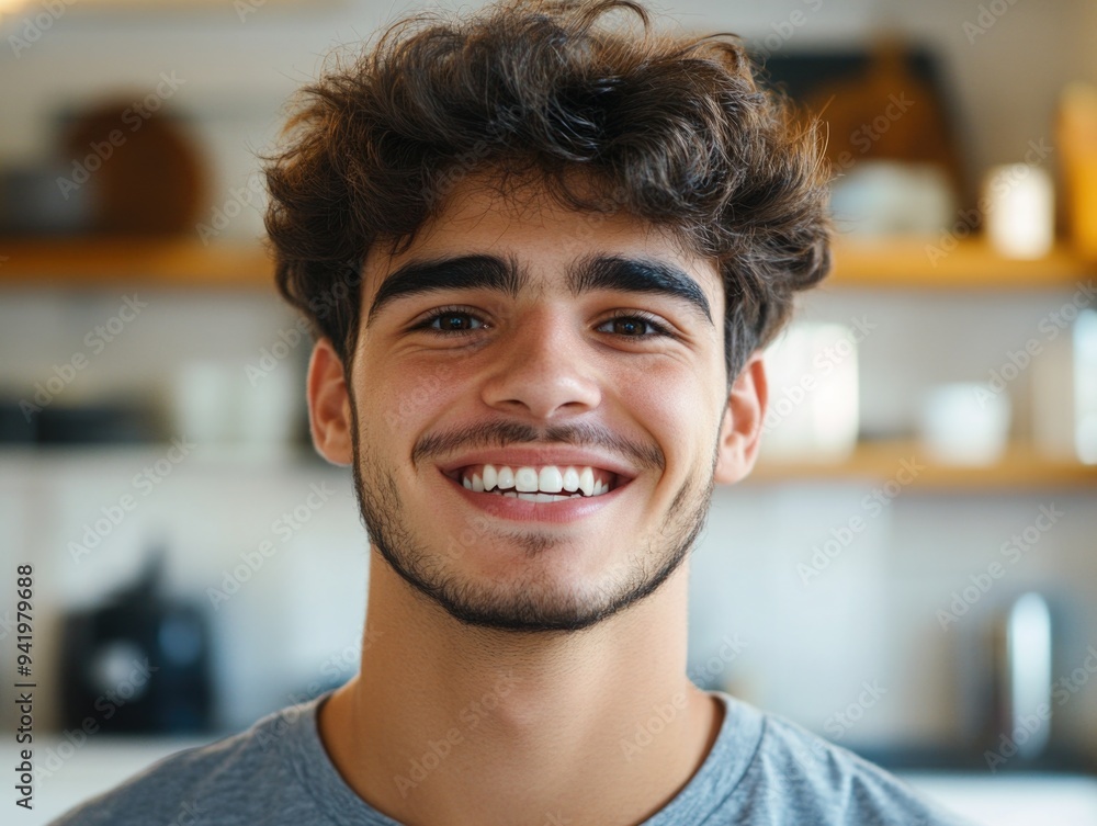 Smiling Man in Kitchen with Teeth Whitening Product