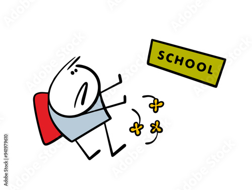 Child came to school and stopped in horror. Vector illustration of a boy defending himself does not want to go inside an educational institution. Lost a bouquet of flowers for the teacher.