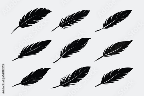 Feather Black Silhouette  Hand-Drawn Feather Sketch Icons  Vector Illustration
