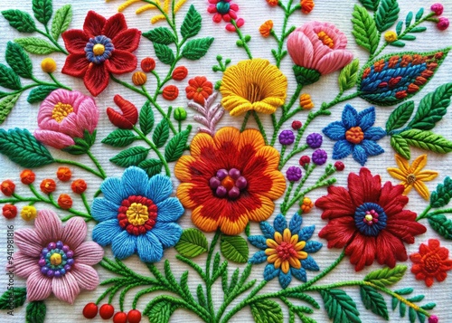 Vibrant Floral Embroidery: Traditional, intricate needlework, bold colors, nature-inspired