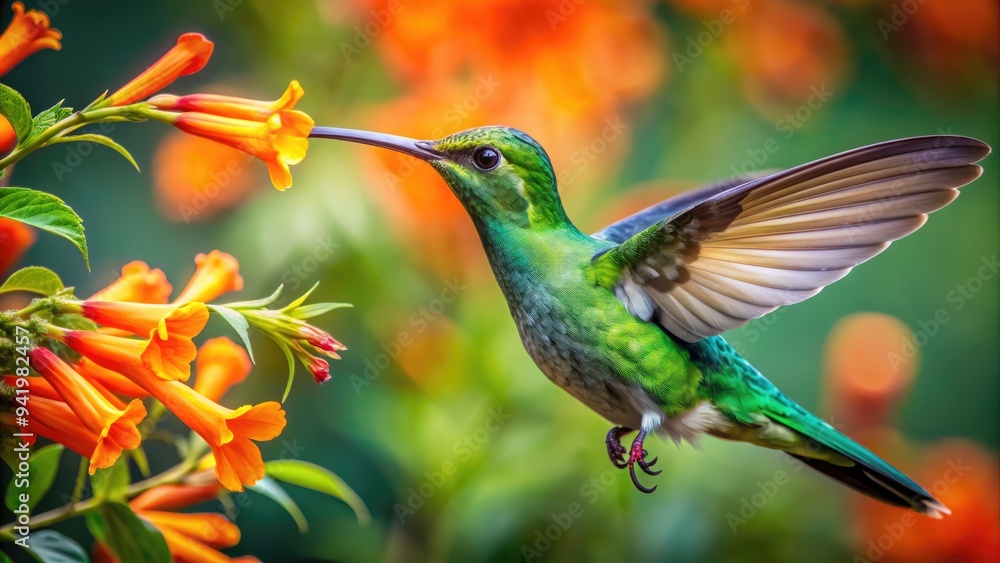 Fototapeta premium Vibrant green hummingbird with iridescent feathers and long, extendable tongue sips nectar from a bright orange trumpet-shaped flower in a lush garden setting.